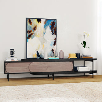 Novia 220-270cm Extendable Entertainment TV Unit in Black, featuring a black metal frame, wooden sliding doors, and a modern display with books, vases, a camera, and an orchid on top.