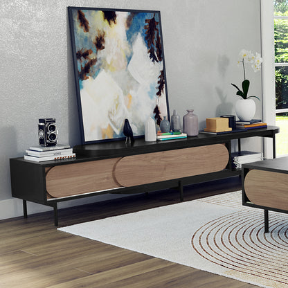 Novia 220-270cm Extendable Entertainment TV Unit in Black showcased with abstract painting, vintage camera, ceramic vases, books, and orchid on top, set against a light gray wall.