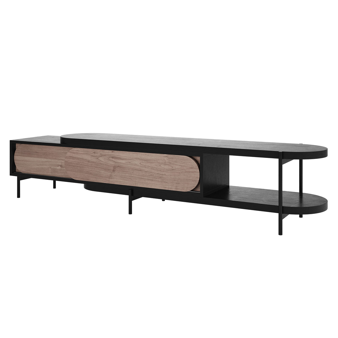 Novia 220-270cm Extendable Entertainment TV Unit in Black with slender black metal legs, dual oval-shaped shelves, and a central storage compartment with wood-finish sliding doors.