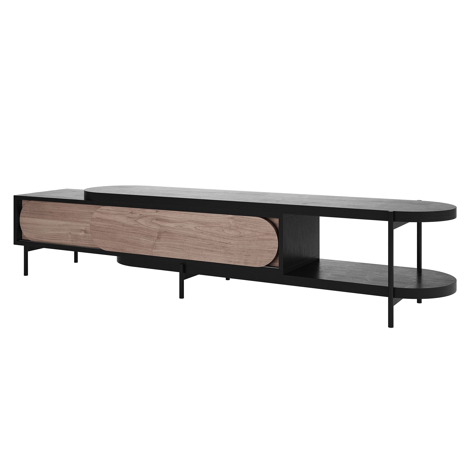 Novia 220-270cm Extendable Entertainment TV Unit in Black with slender black metal legs, dual oval-shaped shelves, and a central storage compartment with wood-finish sliding doors.