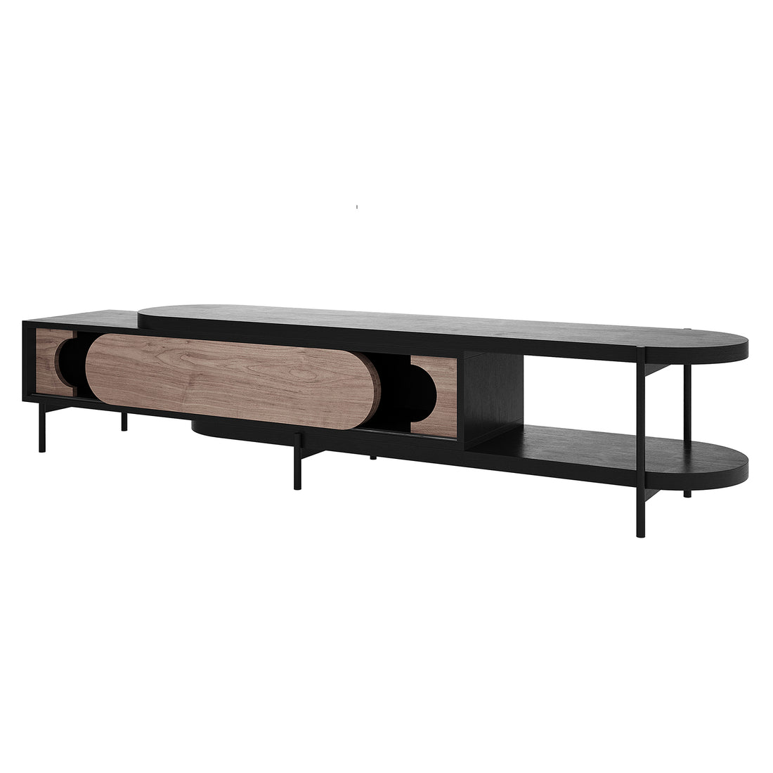 Novia 220-270cm Extendable Entertainment TV Unit in Black, features a minimalist design with a black frame, wood-tone sliding panel, two levels of shelving, and slim metal legs for modern storage.