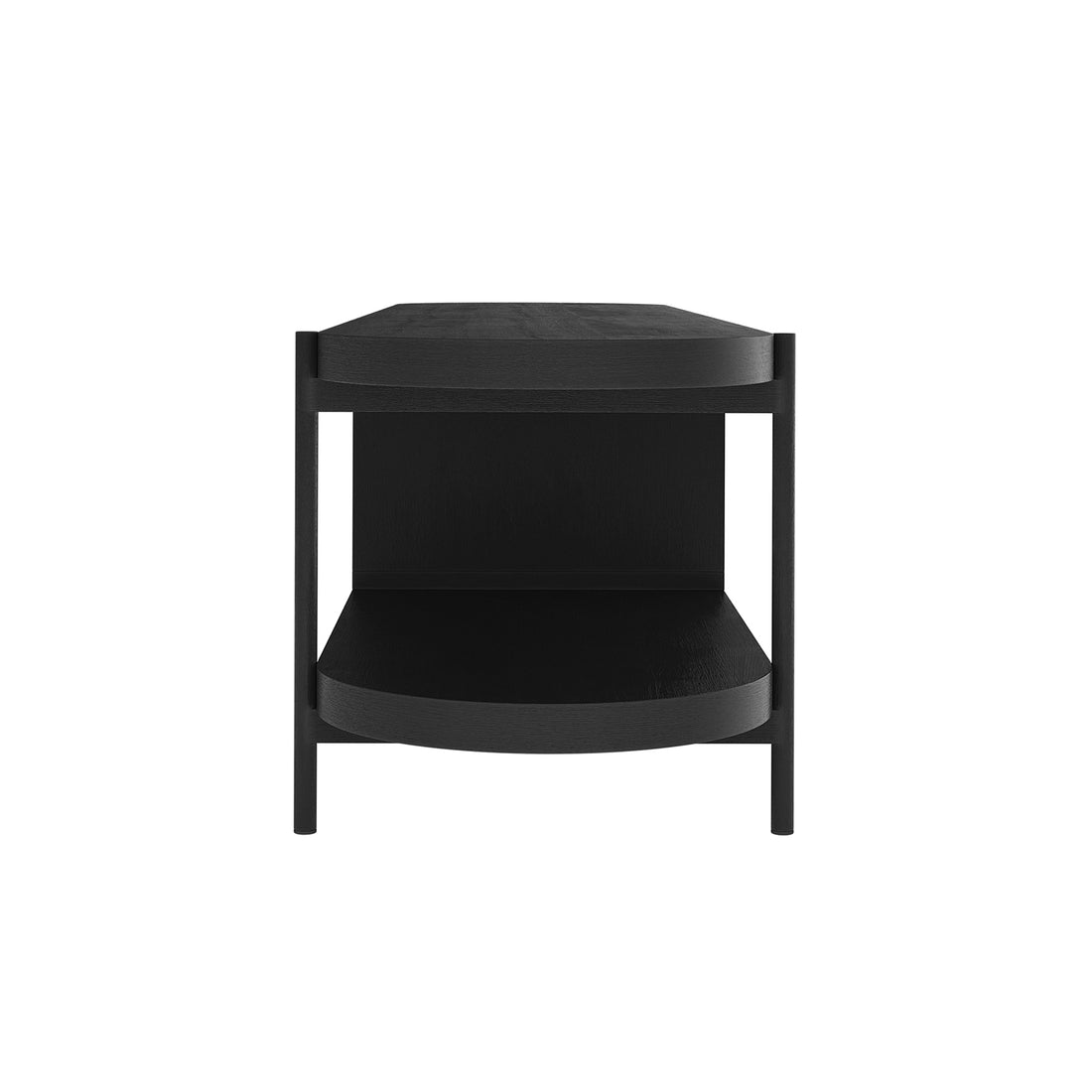 Novia 220-270cm Extendable Entertainment TV Unit in Black, featuring a sleek, modern design with two-tiered shelving, rounded edges, and sturdy metal legs, perfect for versatile living room arrangements.