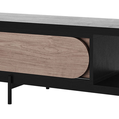 Novia 220-270cm Extendable Entertainment TV Unit in Black featuring a black-stained frame, wood-veneer tambour sliding door, and slender round legs, ideal for modern, flexible living room setups.