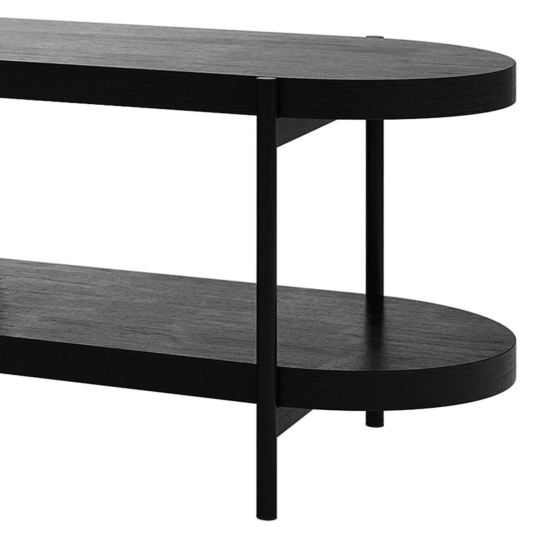 Novia 220-270cm Extendable Entertainment TV Unit in Black, featuring a modern two-tier design with oval wood-grain shelves supported by slender metal legs, includes a triangular brace for stability.