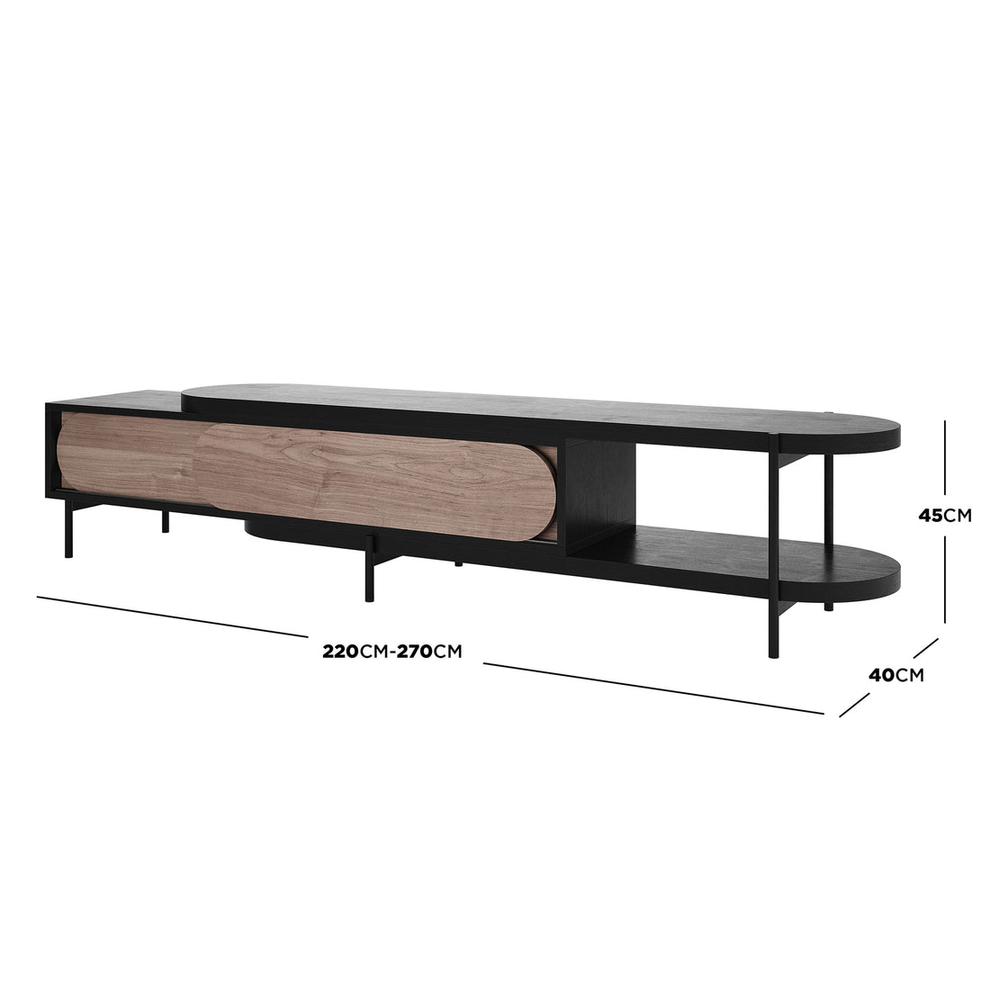 Novia 220-270cm Extendable Entertainment TV Unit in Black, featuring a matte black oval shelf, central wood-grain sliding doors, slim metal legs, and adjustable length for versatile media storage.