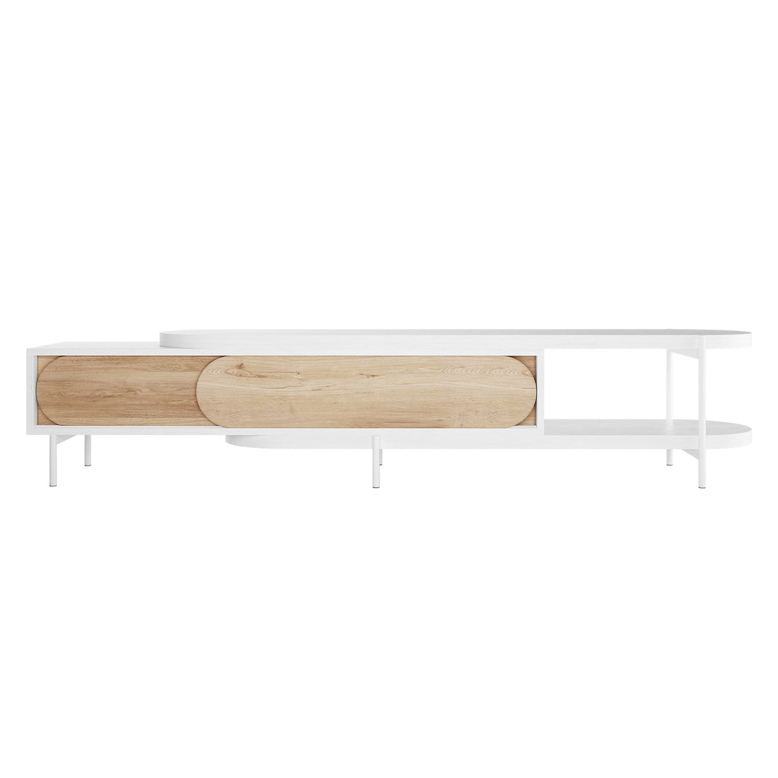 Novia 220-270cm Extendable Entertainment TV Unit in White features a sleek white metal frame, open shelves, and sliding oval wood panels, combining minimalist elegance with functional storage.