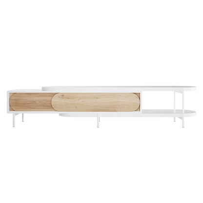 Novia 220-270cm Extendable Entertainment TV Unit in White features a sleek white metal frame, open shelves, and sliding oval wood panels, combining minimalist elegance with functional storage.