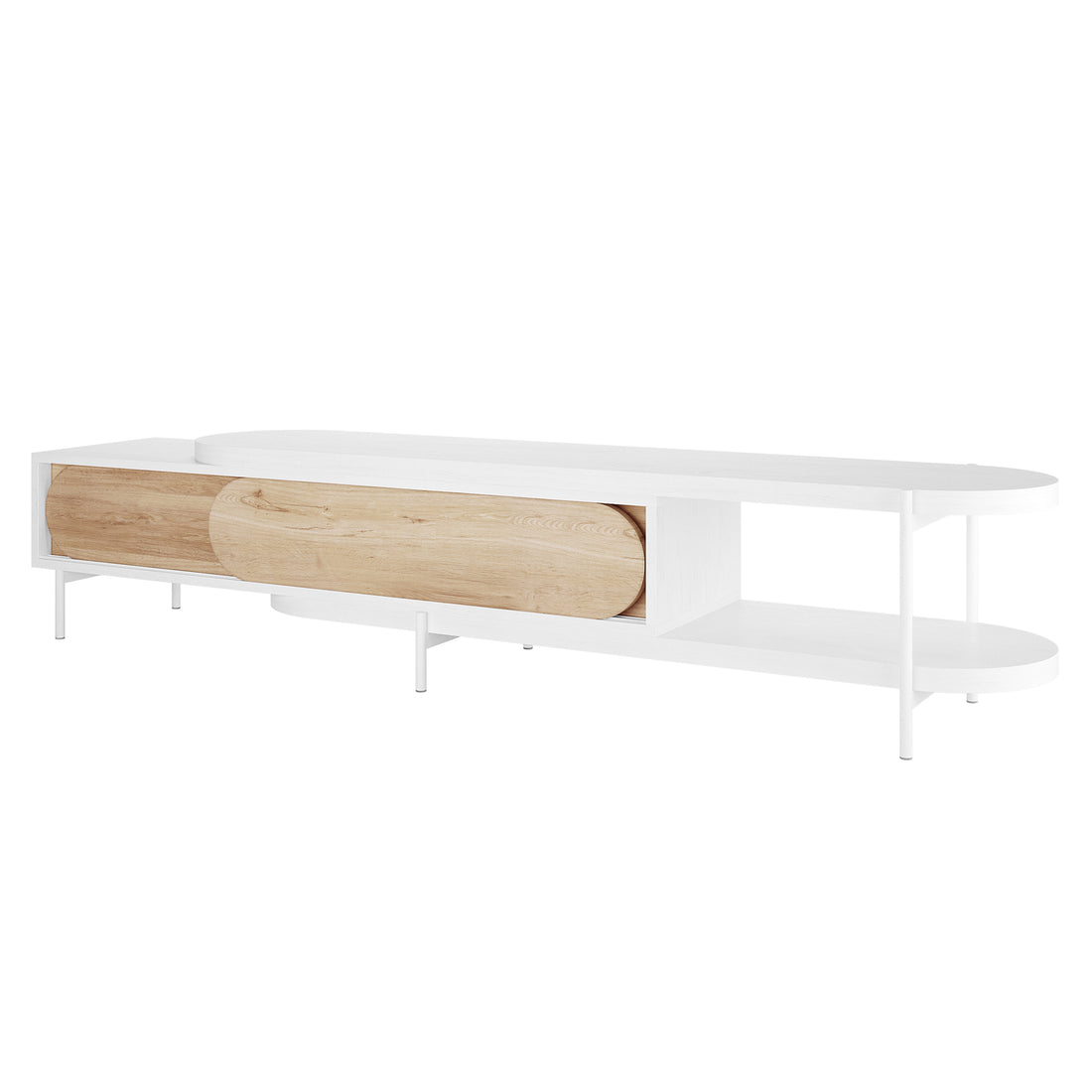 Novia 220-270cm Extendable Entertainment TV Unit in White features a sleek, rectangular design with metal legs, open shelving, a sliding oak door, and rounded edges, ideal for modern living spaces.