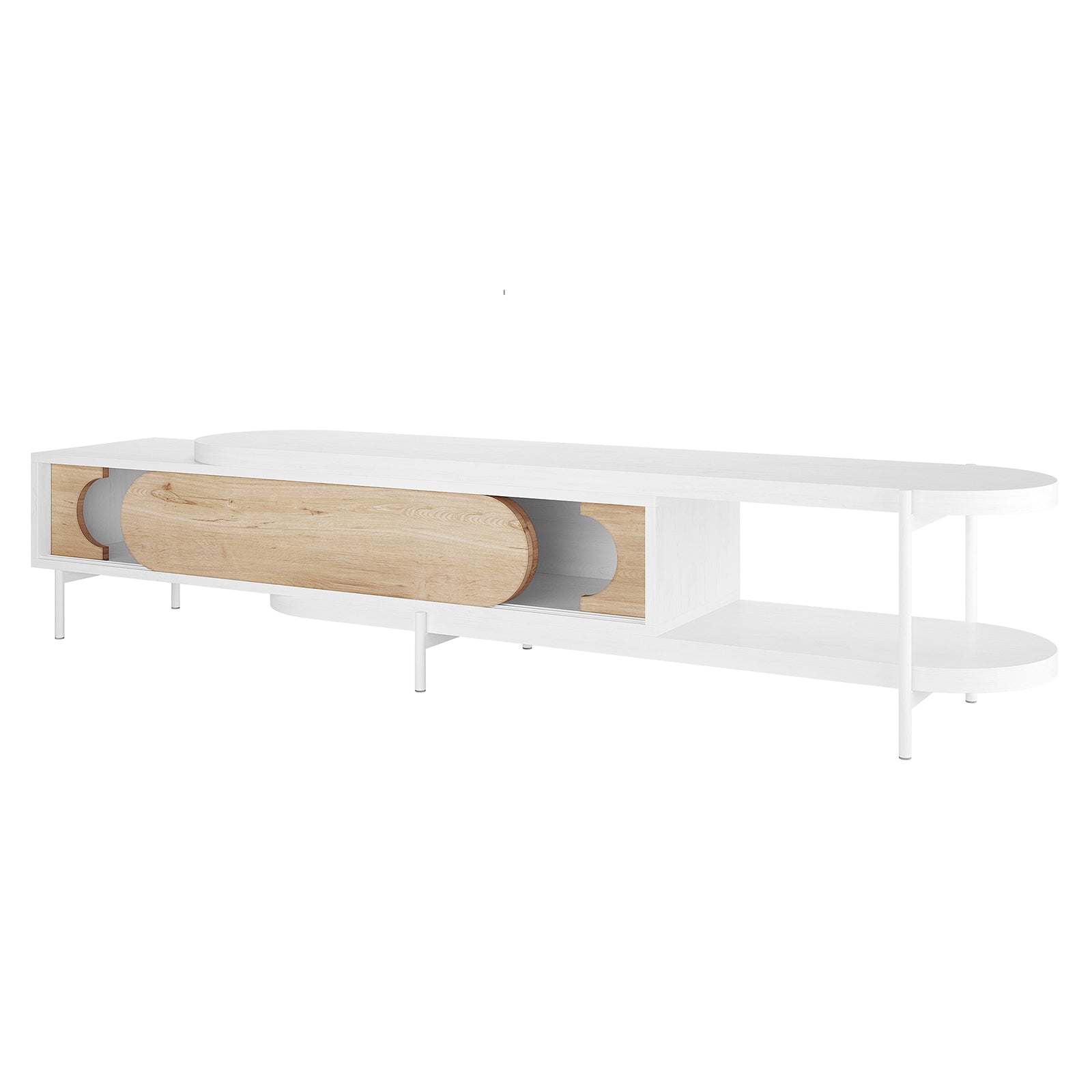 Novia 220-270cm Extendable Entertainment TV Unit in White features a sleek design with a white frame, oval-topped shelves, and light oak sliding doors, supported by slim metal legs.