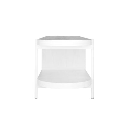 Novia 220-270cm Extendable Entertainment TV Unit in White features a modern, minimal design with two shelves and straight legs, offering adjustable length for versatile living room storage and display.