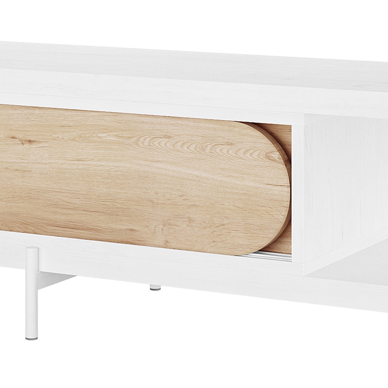 Novia 220-270cm Extendable Entertainment TV Unit in White features a sleek design with a white-painted case and light oak sliding door, supported by slender metal legs for a modern look.