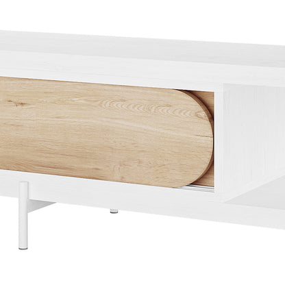 Novia 220-270cm Extendable Entertainment TV Unit in White features a sleek design with a white-painted case and light oak sliding door, supported by slender metal legs for a modern look.