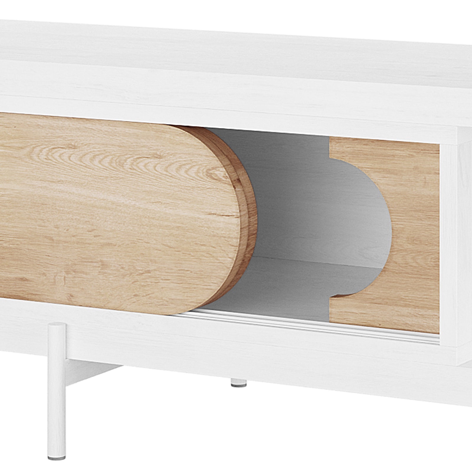 Novia 220-270cm Extendable Entertainment TV Unit in White features a modern design with round-edged natural wood sliding doors, revealing an empty storage compartment, supported by slim white metal legs.