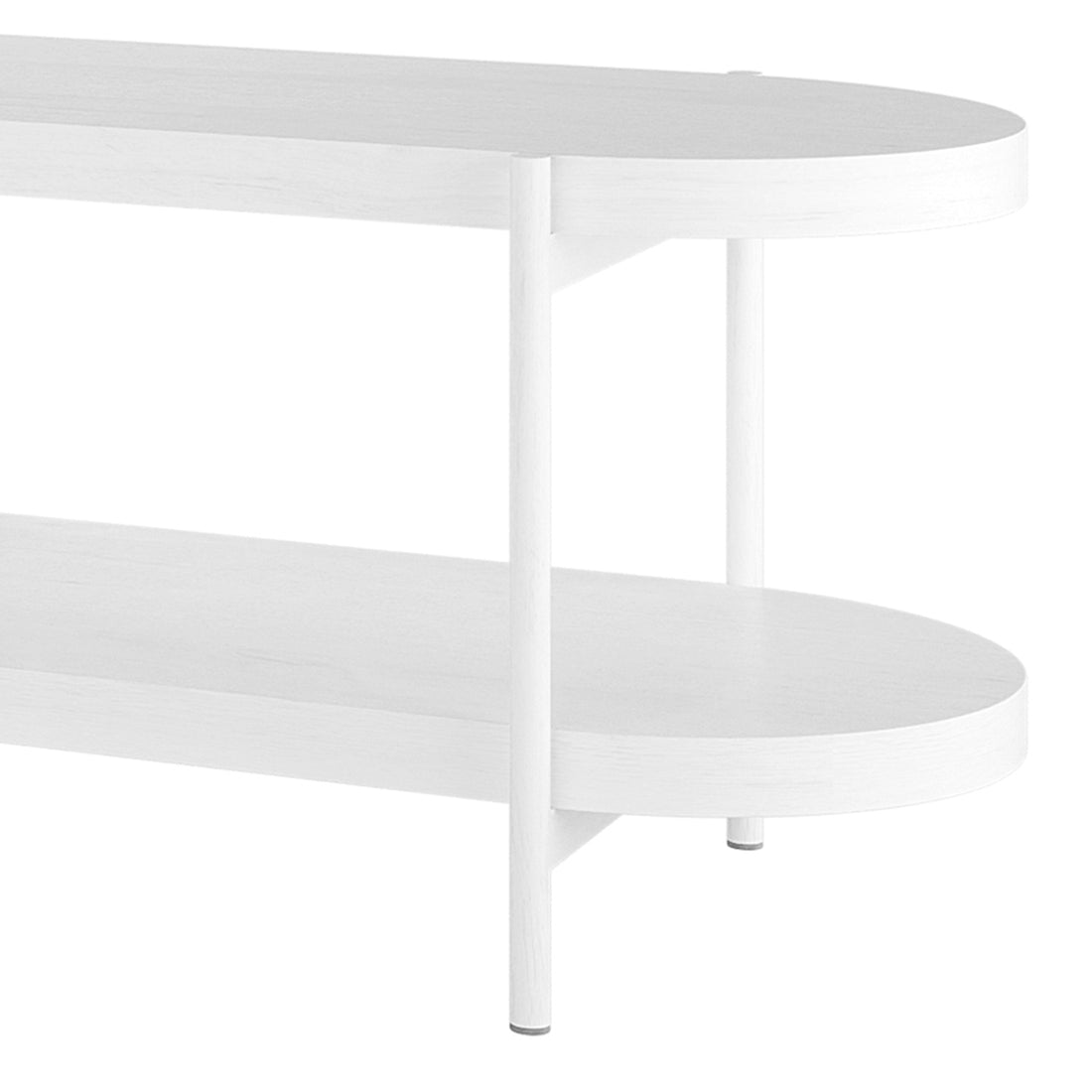 Close-up of the Novia 220-270cm Extendable Entertainment TV Unit in White, showcasing two oval shelves supported by round white posts, reflecting its minimalist design and functional elegance.