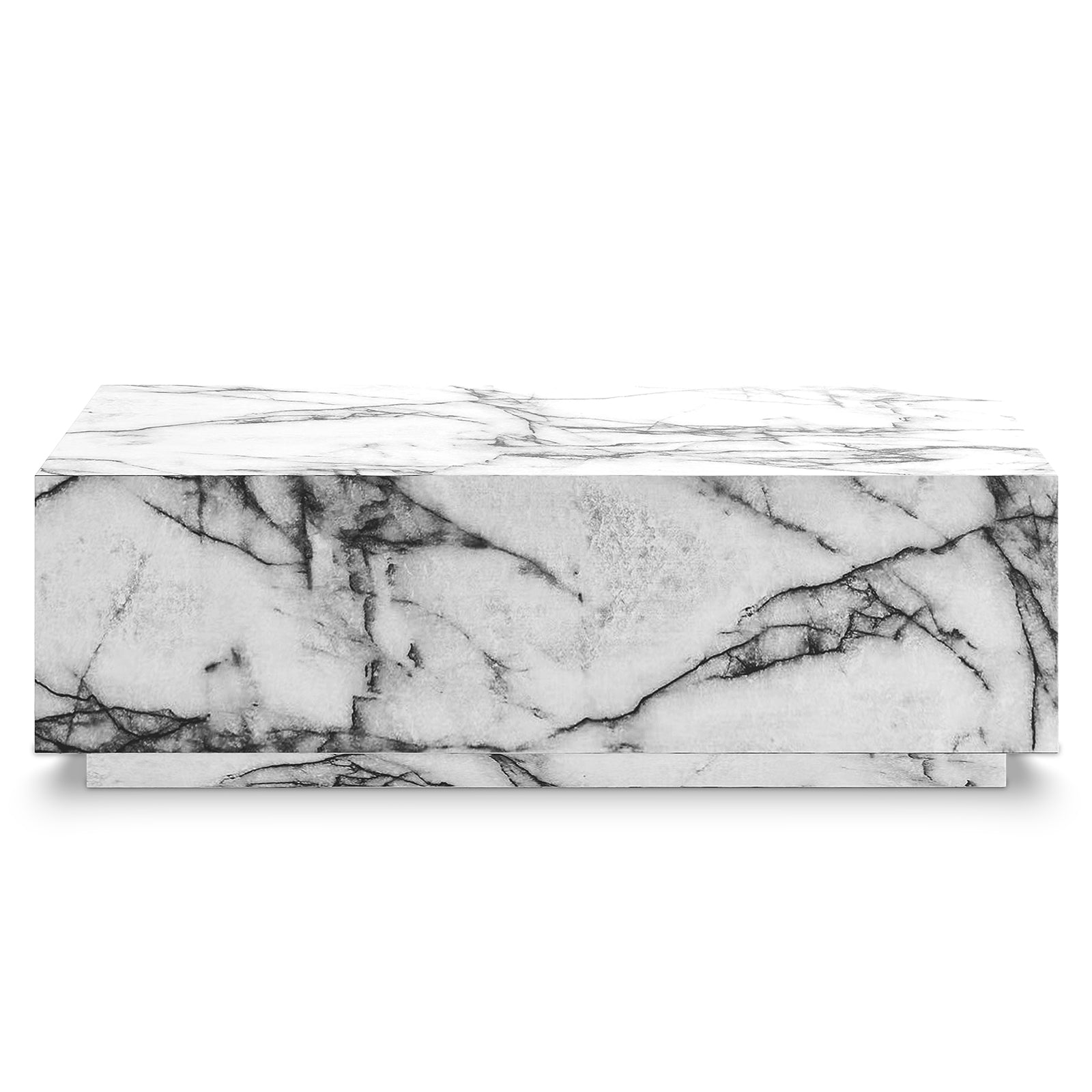 Parviz 88cm Rectangular Coffee Table in Marble, featuring a sleek, floating-style design with white marble and dark gray veining, resembling two stacked slabs for a modern, elegant look.