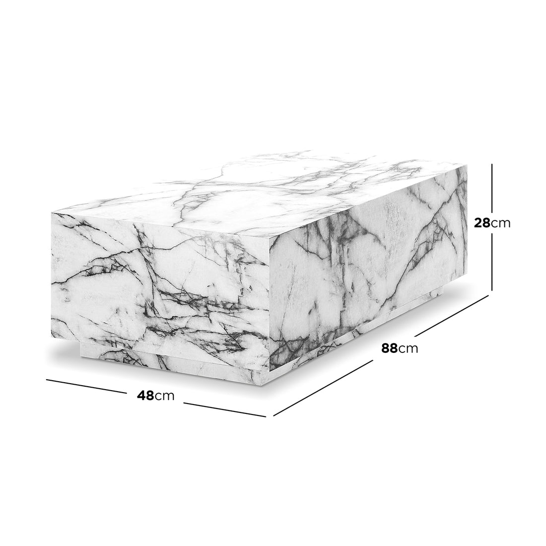 Parviz 88cm Rectangular Coffee Table in Marble, showcasing a sleek, low-profile design with white-and-grey marble veining, highlighted with dimensions: 88cm length, 48cm width, 28cm height.