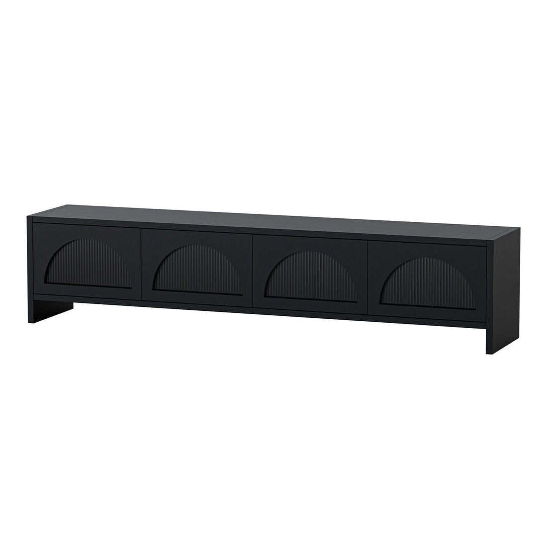 Philippe 200cm Arch Door TV Entertainment Unit in Black, featuring a matte finish, semi-circular relief pattern on four doors, plinth-style base, and minimalist design for modern interiors.
