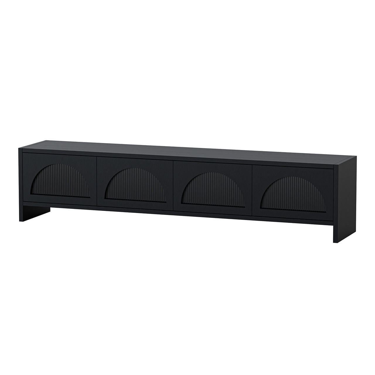 Philippe 200cm Arch Door TV Entertainment Unit in Black, featuring a matte finish, semi-circular relief pattern on four doors, plinth-style base, and minimalist design for modern interiors.