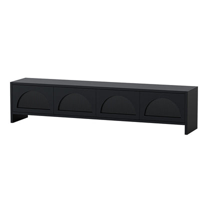 Philippe 200cm Arch Door TV Entertainment Unit in Black, featuring a matte finish, semi-circular relief pattern on four doors, plinth-style base, and minimalist design for modern interiors.
