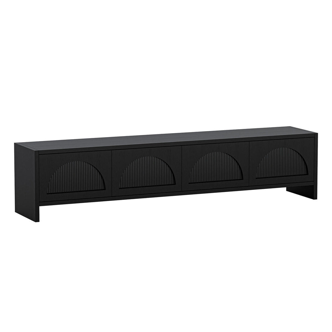 Philippe 200cm Arch Door TV Entertainment Unit in Black features a modern design with four vertically ribbed, semi-circular patterned doors, resting on short recessed legs for a sleek, minimalist look.