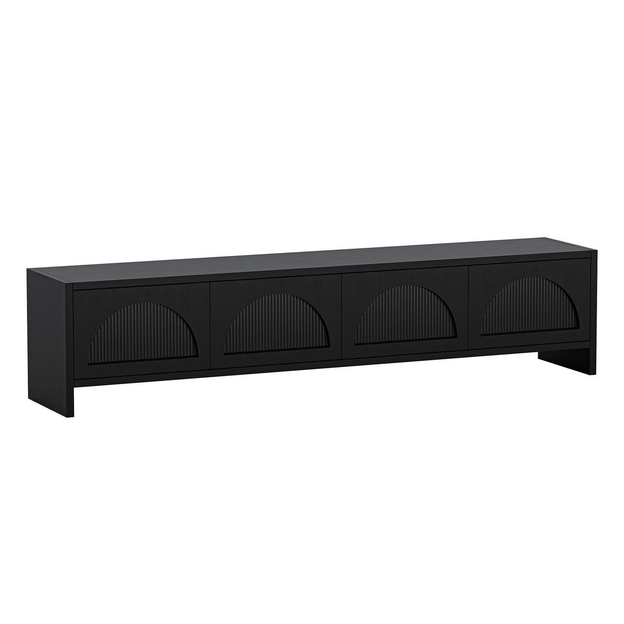 Philippe 200cm Arch Door TV Entertainment Unit in Black features a modern design with four vertically ribbed, semi-circular patterned doors, resting on short recessed legs for a sleek, minimalist look.