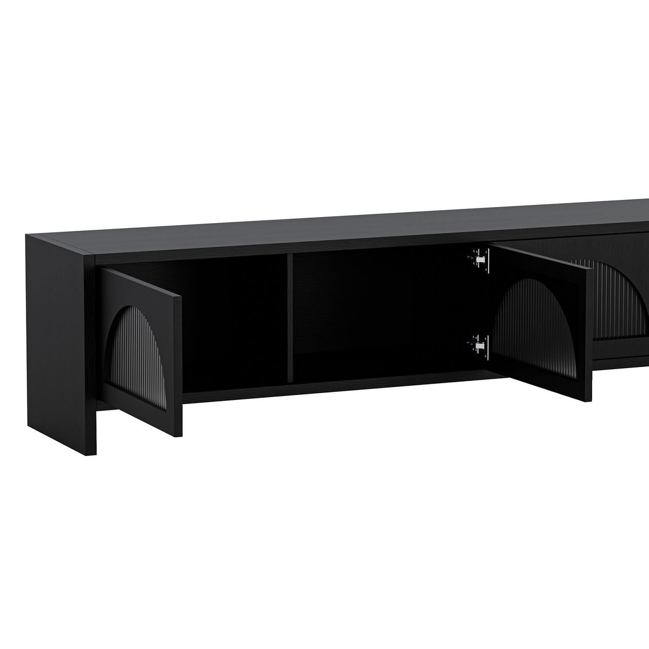 Philippe 200cm Arch Door TV Entertainment Unit in Black features a sleek, low-profile design with semi-circular fluted cabinet doors, revealing spacious interior storage, perfect for modern, minimalist living spaces.