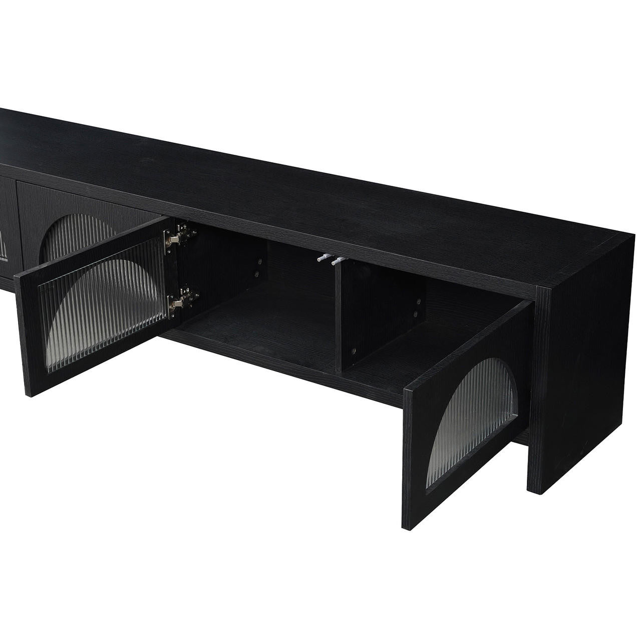 Philippe 200cm Arch Door TV Entertainment Unit in Black, featuring a matte wood-grain finish, fluted glass doors, open central compartment, and recessed plinth base for a sleek, modern look.