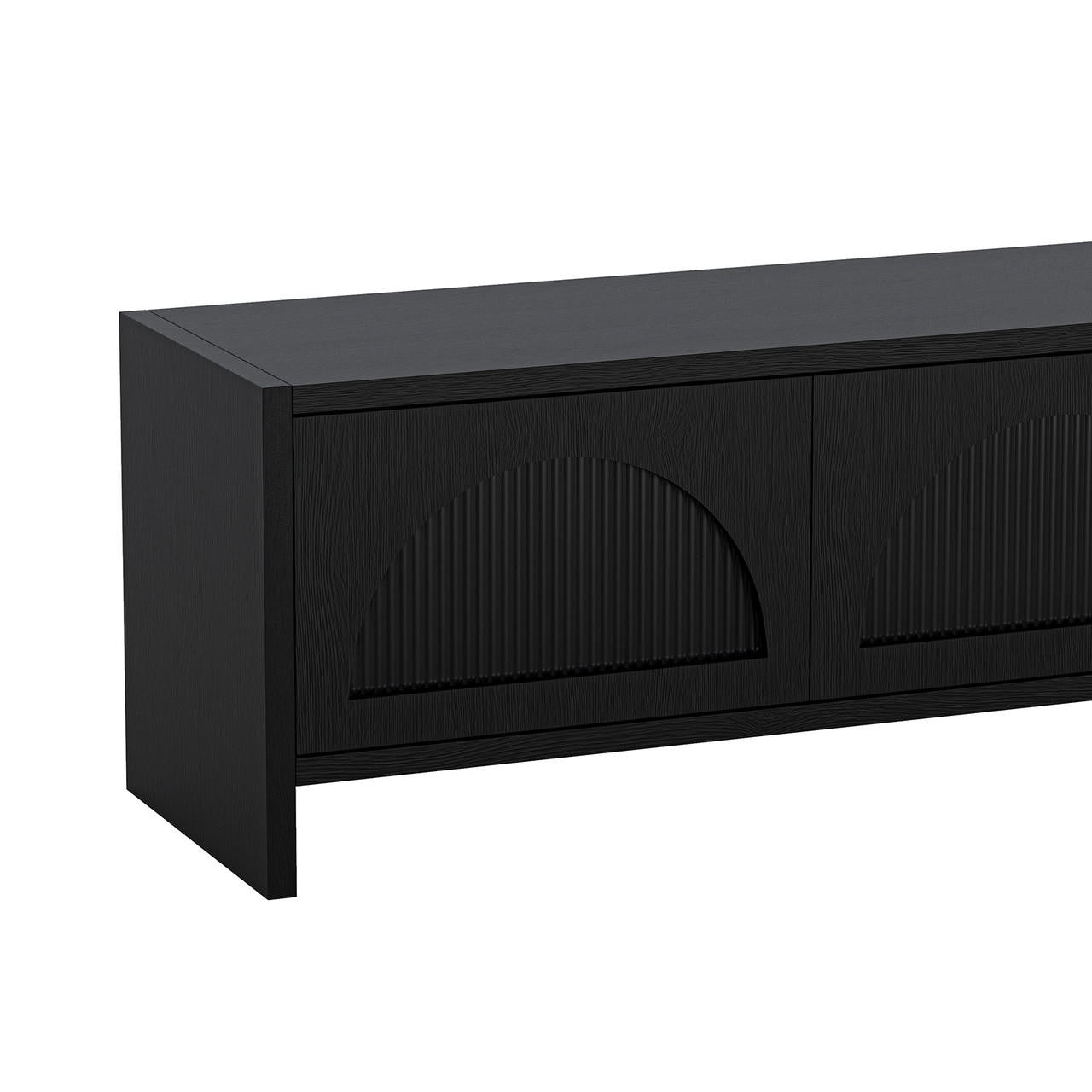 Philippe 200cm Arch Door TV Entertainment Unit in Black features ribbed semicircular front panels, fluted glass doors, short legs, and spacious storage, blending modern aesthetics with practical design.