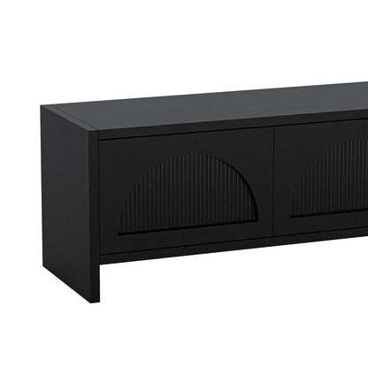 Philippe 200cm Arch Door TV Entertainment Unit in Black features ribbed semicircular front panels, fluted glass doors, short legs, and spacious storage, blending modern aesthetics with practical design.