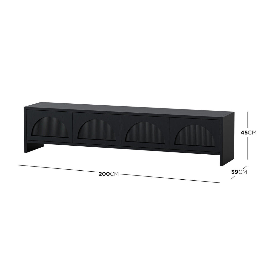 Philippe 200cm Arch Door TV Entertainment Unit in Black features a low-profile, matte black design with four semi-circular ribbed doors, blending modern aesthetics and practical storage.