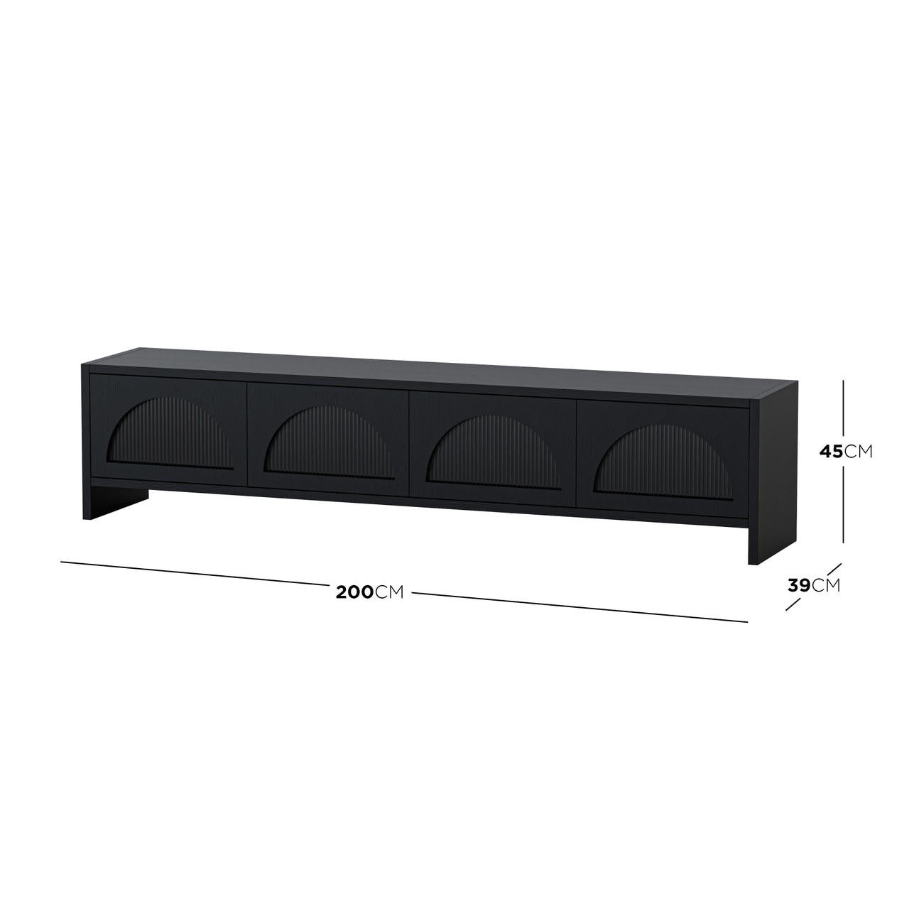 Philippe 200cm Arch Door TV Entertainment Unit in Black features a low-profile, matte black design with four semi-circular ribbed doors, blending modern aesthetics and practical storage.