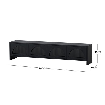 Philippe 200cm Arch Door TV Entertainment Unit in Black features a low-profile, matte black design with four semi-circular ribbed doors, blending modern aesthetics and practical storage.