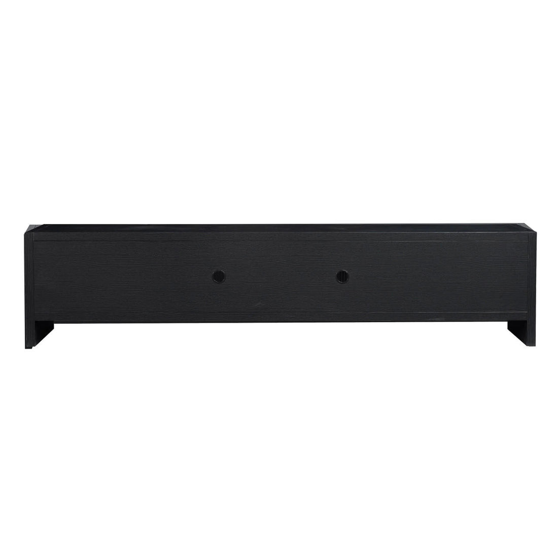 Philippe 200cm Arch Door TV Entertainment Unit in Black features a sleek black shelf with circular cut-outs for cable management, perfect for elevating a monitor or small TV on a desk.