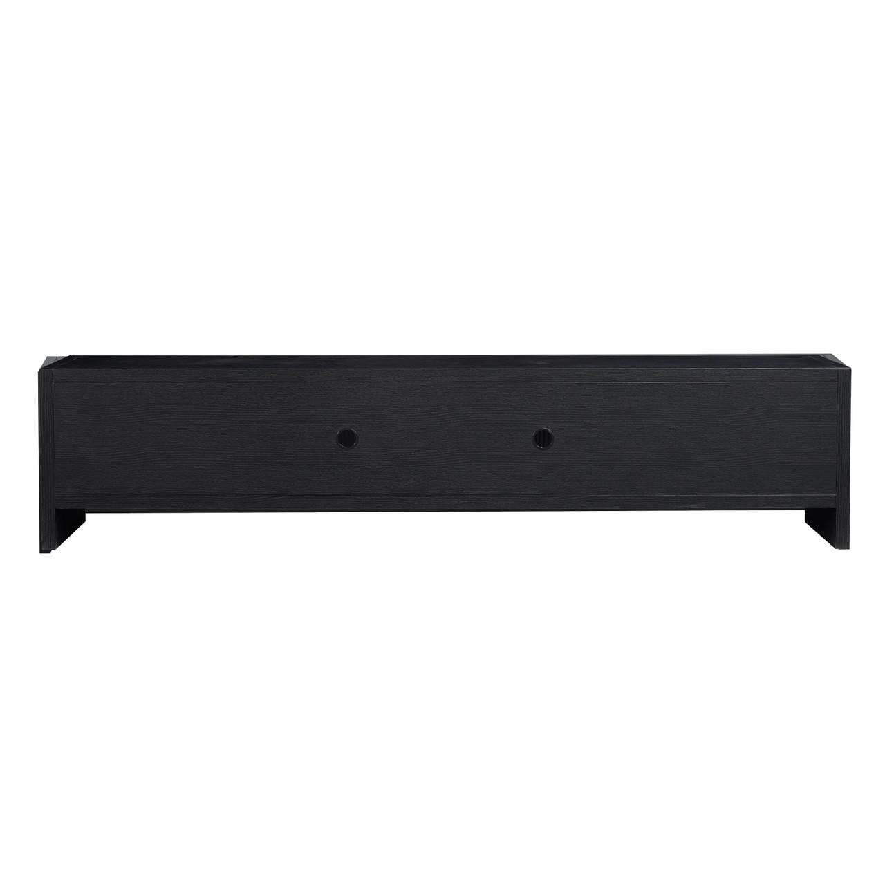 Philippe 200cm Arch Door TV Entertainment Unit in Black features a sleek black shelf with circular cut-outs for cable management, perfect for elevating a monitor or small TV on a desk.
