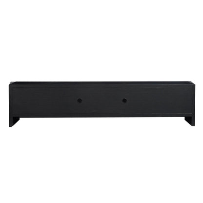 Philippe 200cm Arch Door TV Entertainment Unit in Black features a sleek black shelf with circular cut-outs for cable management, perfect for elevating a monitor or small TV on a desk.