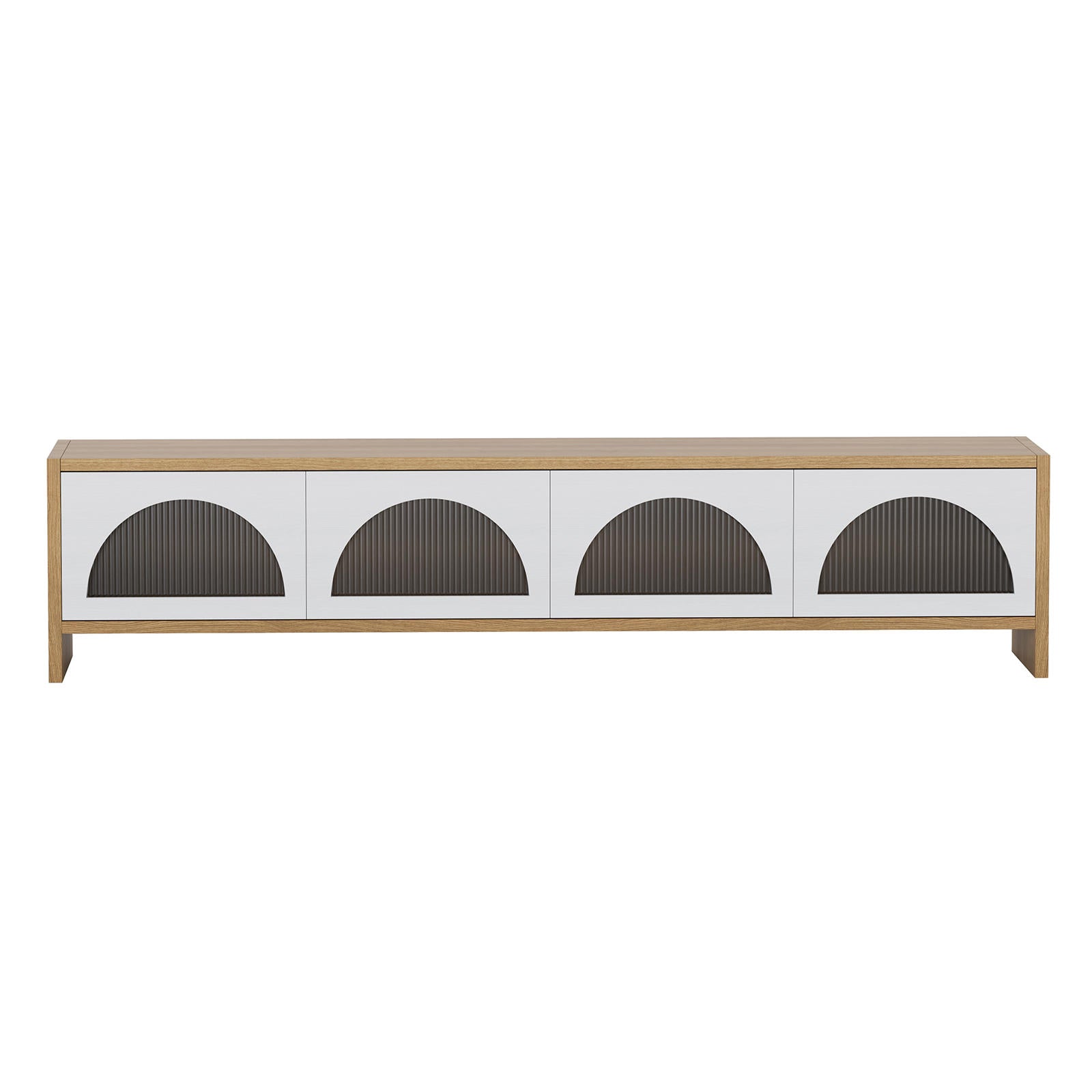 Philippe 200cm Arch Door TV Entertainment Unit in Natural, featuring a sleek oak-toned frame with four white cabinet doors, each adorned with half-circle ribbed-glass insets for a modern, organized look.