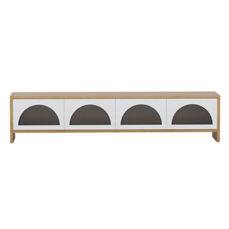 Philippe 200cm Arch Door TV Entertainment Unit in Natural, featuring a sleek oak-toned frame with four white cabinet doors, each adorned with half-circle ribbed-glass insets for a modern, organized look.