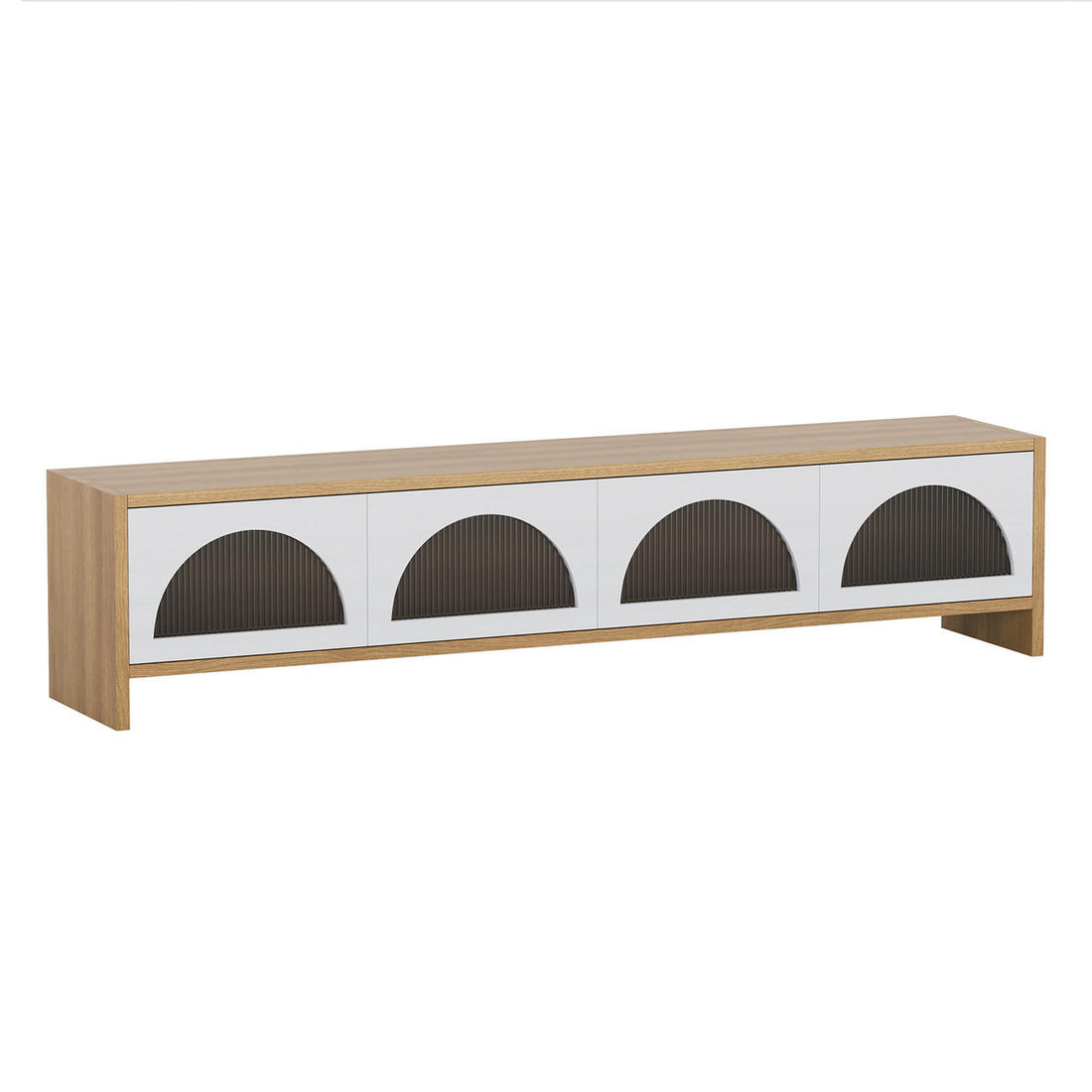 Philippe 200cm Arch Door TV Entertainment Unit in Natural features a light oak-tone wood build with four white cabinet doors, each with a dark semi-circular textured panel, on a plinth base.
