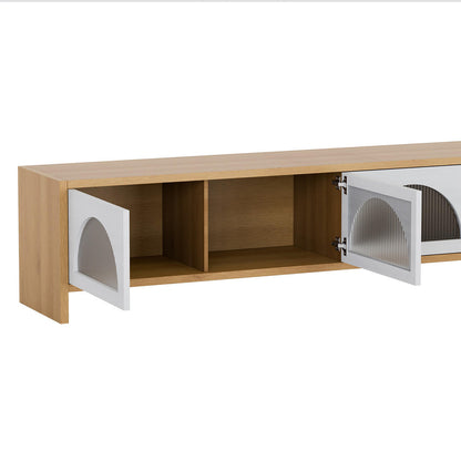 Philippe 200cm Arch Door TV Entertainment Unit in Natural featuring a light oak frame, dual open compartments, and white doors with ribbed-glass panels, ideal for elegant and organized home storage.