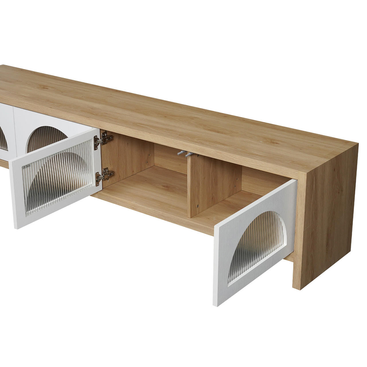 Philippe 200cm Arch Door TV Entertainment Unit in Natural features a low, rectangular design with light oak-tone, fluted glass doors open to reveal an empty compartment with a vertical partition.