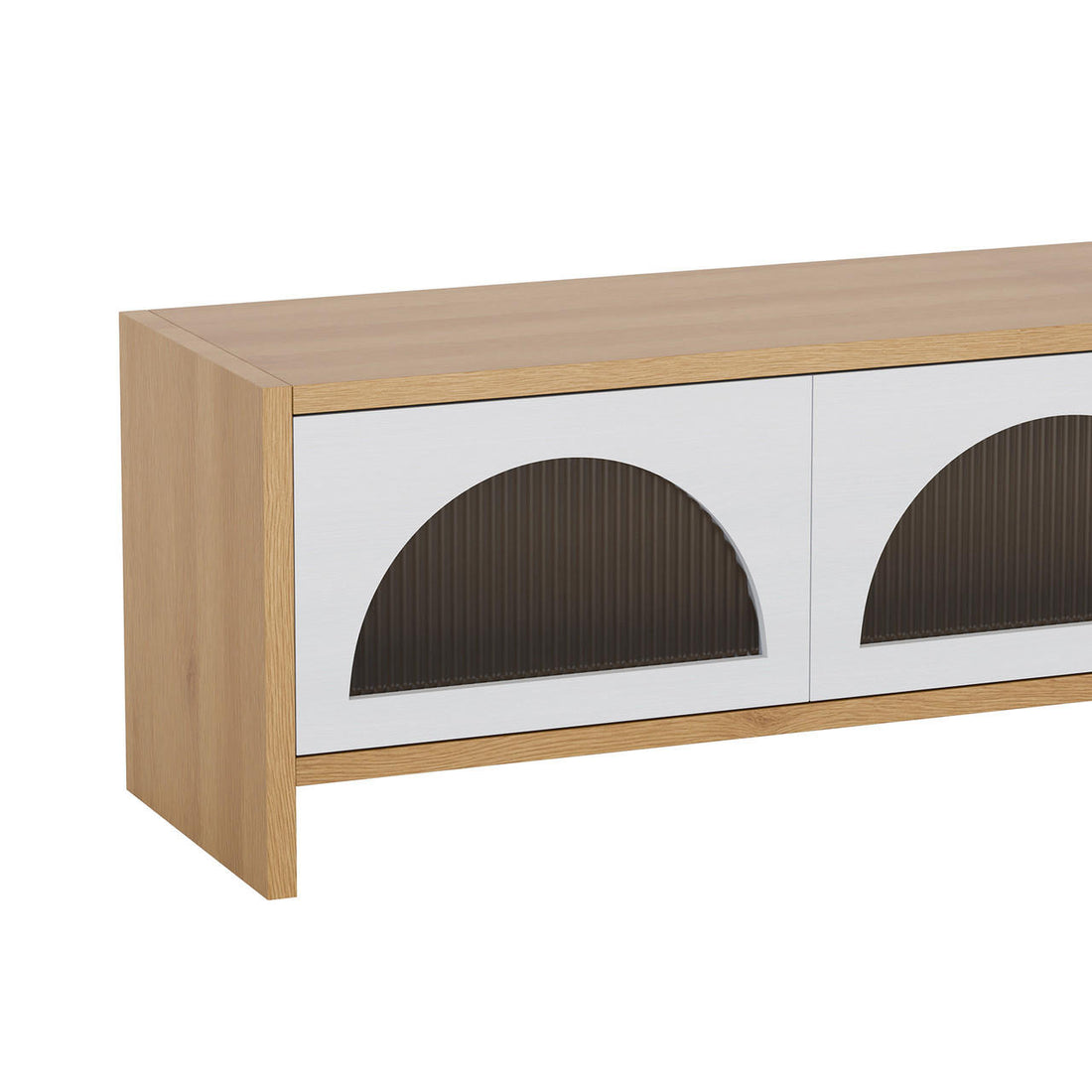 Philippe 200cm Arch Door TV Entertainment Unit in Natural features light-oak-tone wood with white front panels and half-circle cutouts, showcasing a modern, minimalist design with dark, ribbed backing.