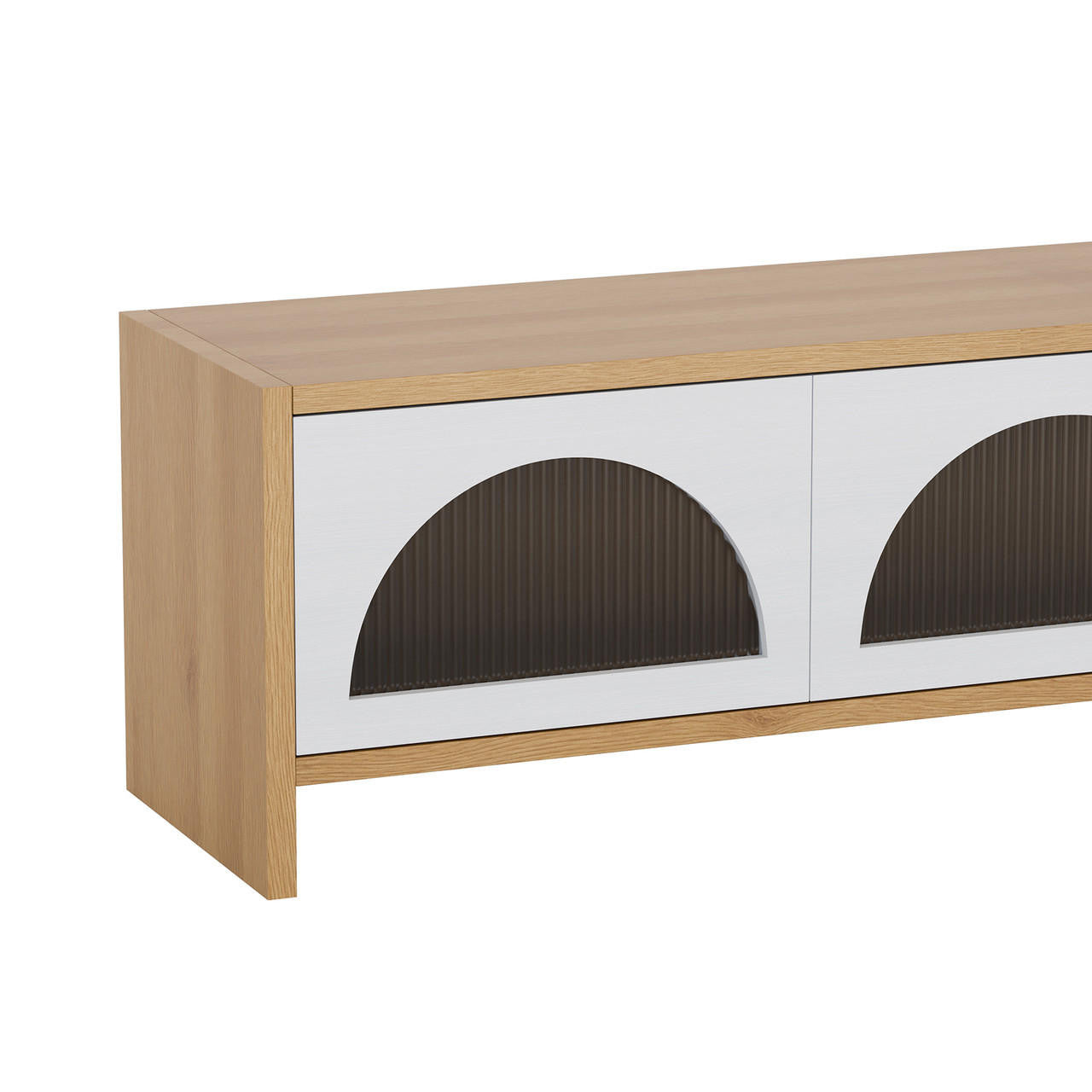 Philippe 200cm Arch Door TV Entertainment Unit in Natural features light-oak-tone wood with white front panels and half-circle cutouts, showcasing a modern, minimalist design with dark, ribbed backing.