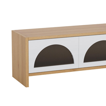 Philippe 200cm Arch Door TV Entertainment Unit in Natural features light-oak-tone wood with white front panels and half-circle cutouts, showcasing a modern, minimalist design with dark, ribbed backing.