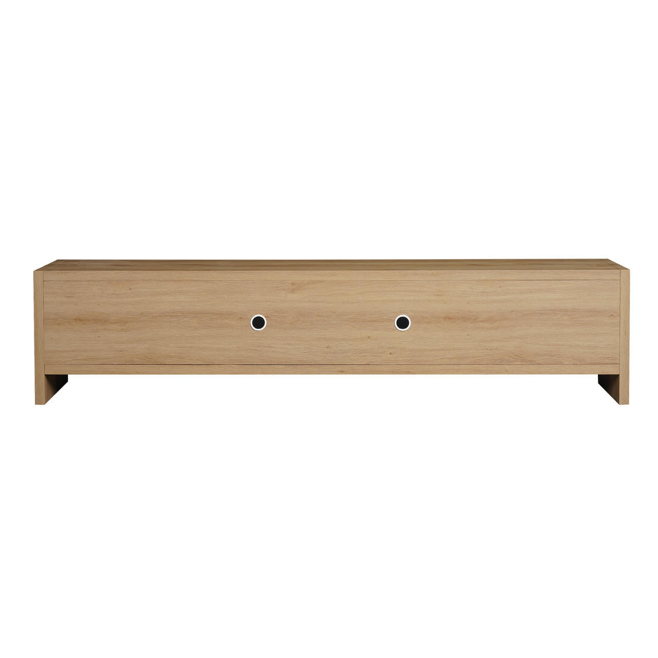 Philippe 200cm Arch Door TV Entertainment Unit in Natural; a low, rectangular wooden console with two front panels featuring circular cable-management openings, designed for concealed audiovisual equipment storage.