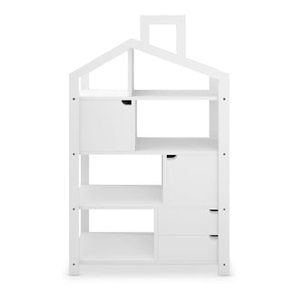 The Quinta Shelf Unit with Storage White features a house-shaped design, offering open cubbies and closed compartments for versatile storage, perfect for organizing toys and treasures in a child's room.