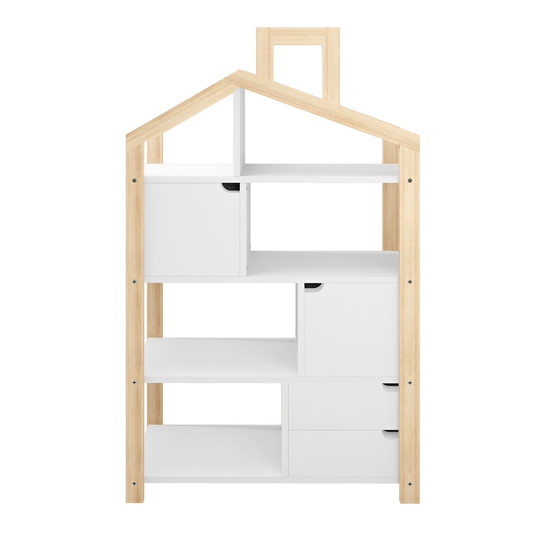 Freestanding Quinta Shelf Unit with Storage, shaped like a house with a peaked roof, features staggered white shelves and cubby-style drawers, ideal for organizing toys and displaying items in a playful manner.