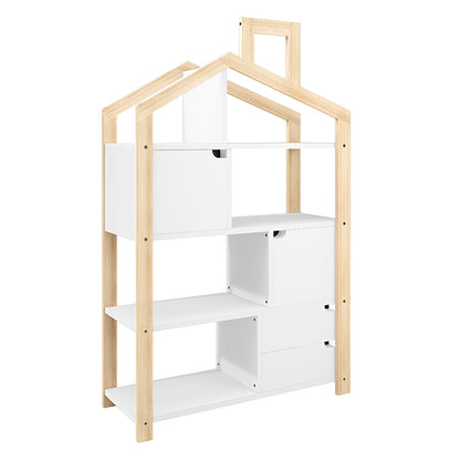 Freestanding Quinta Shelf Unit with Storage featuring a house-like design, natural-wood frame with a peaked roof, and three tiers of white shelves, some with box-style drawers and cubbies for hidden storage.