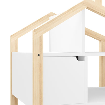 Close-up of the Quinta Shelf Unit with Storage White & Natural, featuring light wood rafters forming a house shape, with smooth white shelves and a pull-out drawer, showcasing minimalist design.