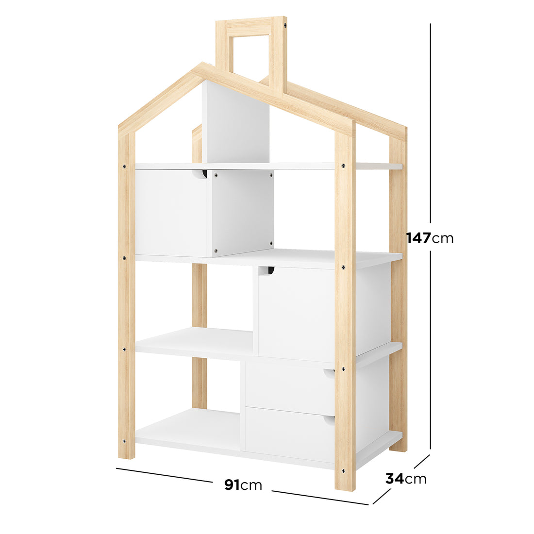 Quinta Shelf Unit with Storage features a light-wood, house-shaped design with three open shelves, two cubby-style drawers, and a peaked roof frame, offering practical and playful organization for a child's room.