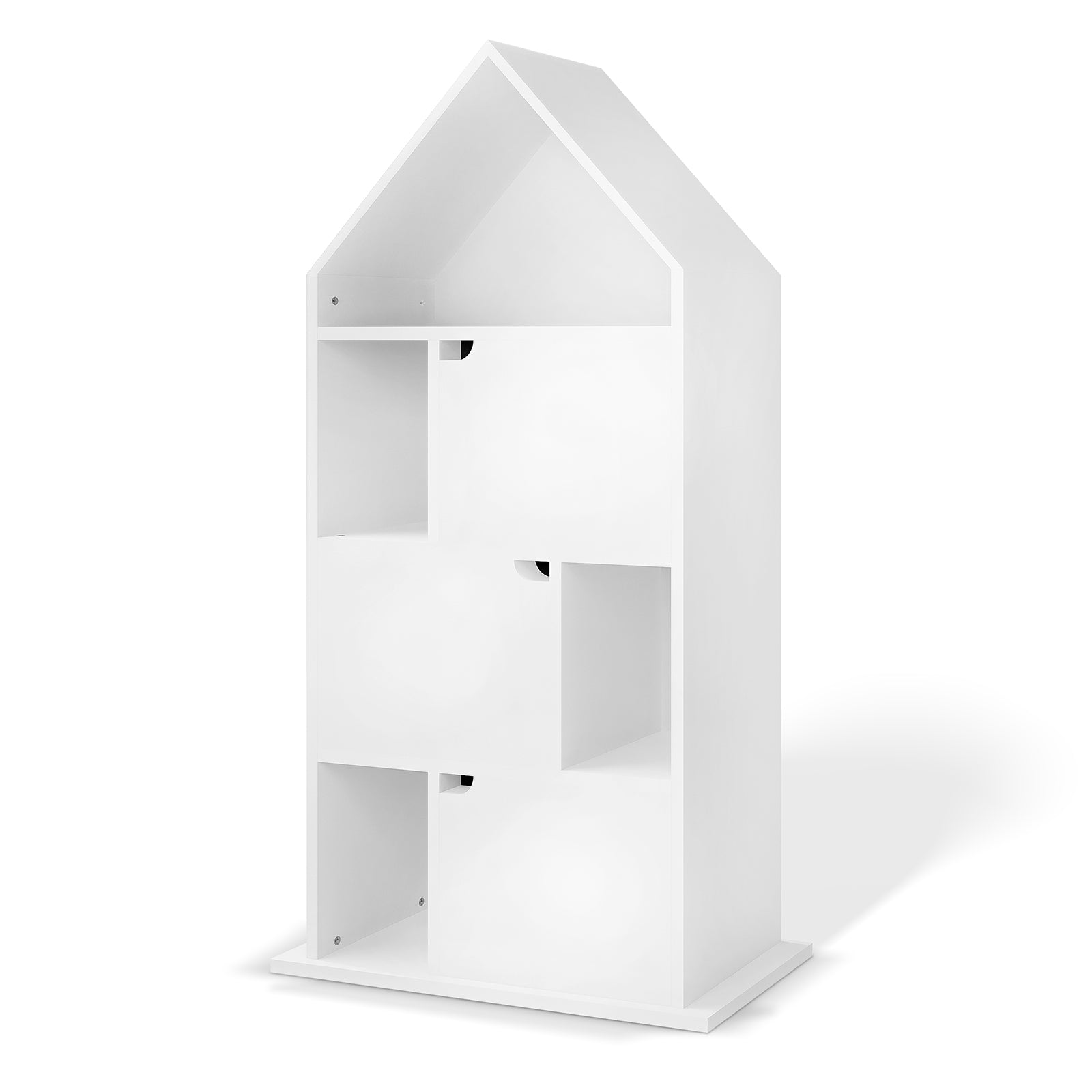 Quinta Bookshelf with Cabinet White, a house-shaped shelving unit with five cubbies and three cabinets, ideal for organizing a child's room, enhancing both functionality and imaginative play.